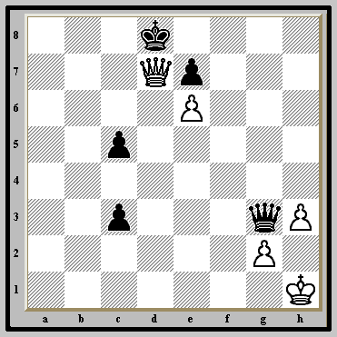  "POW!!"  (A checkmate with a Queen, supported by a pawn. )